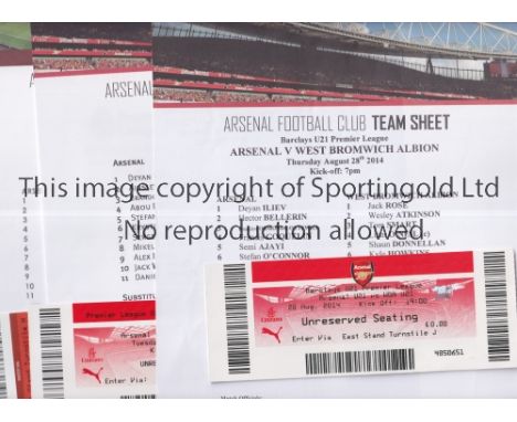 ARSENAL    Five home single sheet programmes with tickets for Academy matches v WBA 28/8/2014, Stoke City 7/4/2015, Mancheste