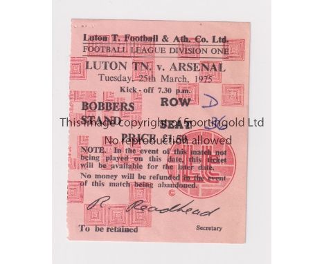 ARSENAL     Seat ticket for the away League match v Luton Town 25/3/1975.     Generally good