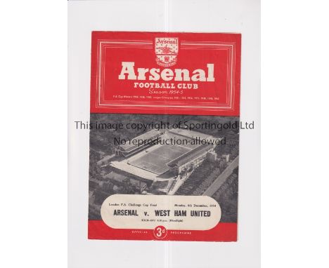 1954 LONDON CHALLENGE CUP FINAL / ARSENAL V WEST HAM UNITED     Programme for the match at Arsenal 6/12/1954, slightly crease