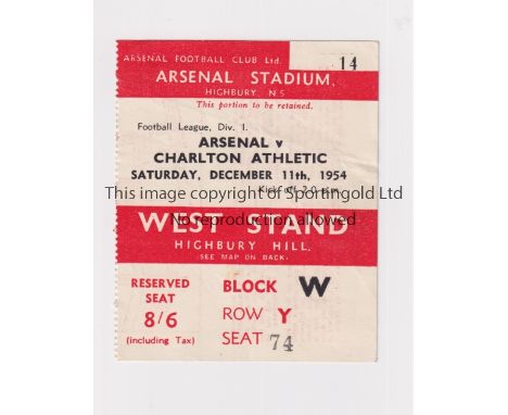 ARSENAL     Ticket for the home League match v Charlton Athletic 11/12/1954.    Generally good