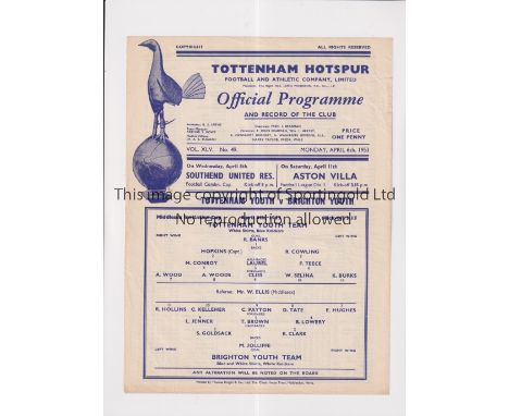 TOTTENHAM HOTSPUR         Single sheet programme for the home Middlesex Cup tie v Brighton 6/4/1953. Programme No. 49.     Ge