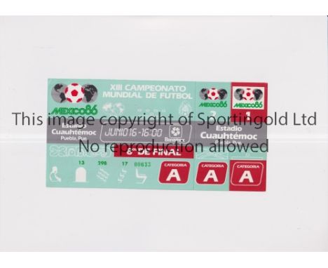 1986 WORLD CUP      Unused ticket for Argentina v Uruguay 16/6/1986 at the Cuauhtemoc Stadium, staple holes on the left.   Ge