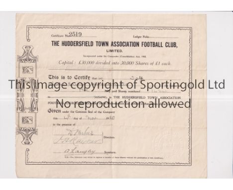 HUDDERSFIELD TOWN     Share certificate 4/11/1920 for one share, slightly folded.     Generally good