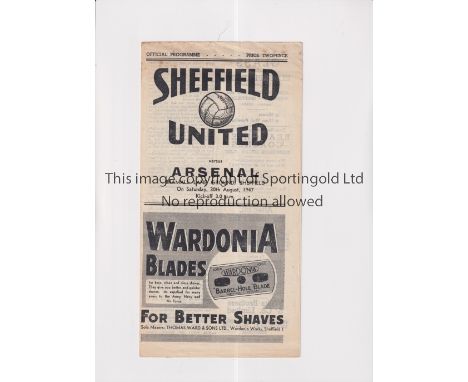 ARSENAL      Programme for the away League match in their 1947/8 Championship season v Sheffield United 30/8/1947, scores ent