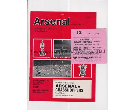 ARSENAL      Ticket and programme for the home European Cup tie v Grasshoppers 3/11/1971, ticket has tiny staple holes and pr