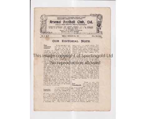 ARSENAL       Programme for the home League match v Preston North End 5/9/1921, folded in four and slightly worn along the fo