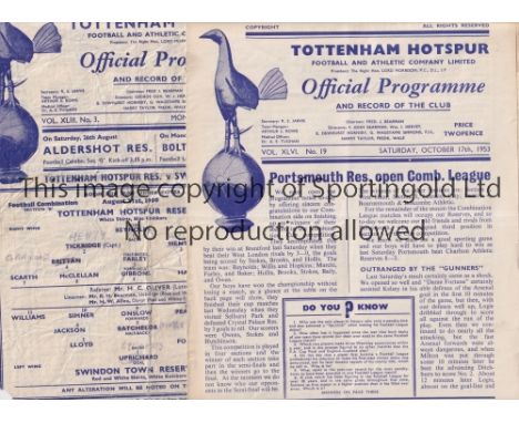 TOTTENHAM HOTSPUR     Two home Reserve team programmes v Swindon 21/8/50 Programme No.3, single sheet, tatty and Portsmouth 1
