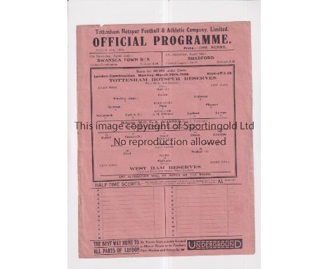 TOTTENHAM HOTSPUR     Single sheet programme for the home London Combination match v West Ham United 28/3/38, slightly crease