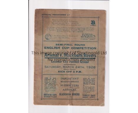 1928 FA CUP SEMI-FINAL / ARSENAL v BLACKBURN ROVERS     Programme for the match 24/3/1928 at Leicester City FC, vertical fold