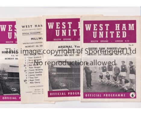 WEST HAM UNITED       Nine home Youth Team programmes v QPR FA Youth Cup 5th Round 21/2/66, Arsenal Southern Junior Floodlit 