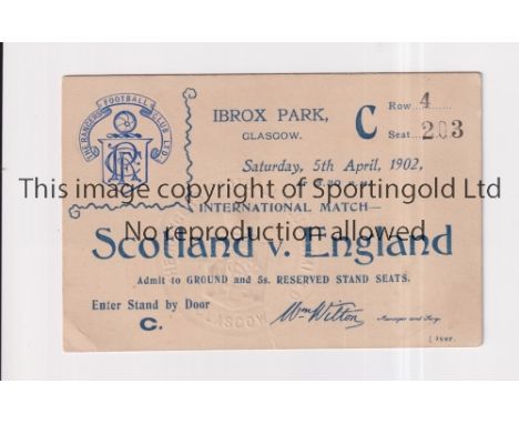 SCOTLAND V ENGLAND 1902 / FIRST IBROX DISASTER MATCH    Seat ticket for the Ibrox disaster match 5/4/1902 when 25 spectators 