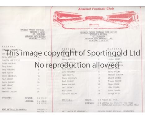 ARSENAL / TONY ADAMS COMEBACK MATCH     Two programme for the home Combination match v Reading 16/2/1991. One has red border 