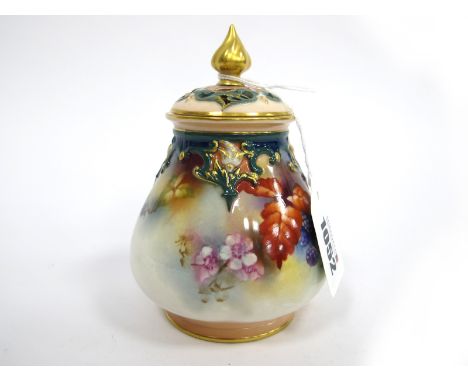 A Royal Worcester Porcelain Pot Pourri Vase and Cover, of lobed form painted with blackberries within moulded borders, printe