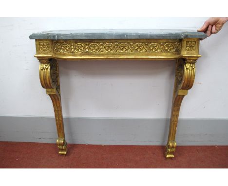 A XIX Century Gesso Console Table, with marble top, guilloche frieze on scroll reeded supports, 90cm high, 88cm wide.