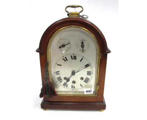 An Early XX Century Chiming Wurtemberg Mahogany Cased Mantle Clock, of arched rectangular form with brass carrying handle, th