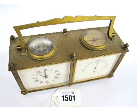 A Mid XX Century Brass Cased Carriage Clock and Thermometer, with black Roman numerals on a cream enamel ground, the top with