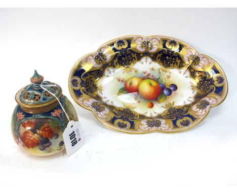 A Royal Worcester Porcelain Dessert Dish, of fluted oval form, painted by A. Shuck, signed, with ripening fruit and flowers w