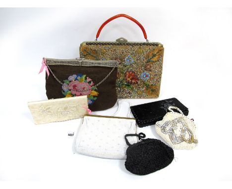 A Vintage American Caron of Houston Texas Tapestry Bag, beaded, appliqued and jewelled with faux tortoiseshell handle, a tape