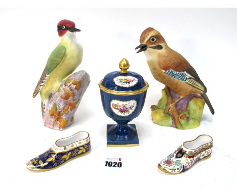 Two Royal Worcester Porcelain Models of Birds, 'Jay' and 'Woodpecker', black marks, 16-18cm high; A Copeland Spode Vase and C