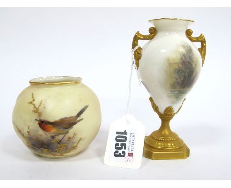 A Royal Worcester Porcelain Vase, of fluted globular form, painted with a robin perched on a gilt branch, printed mark, date 