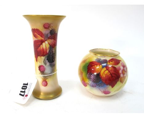 A Royal Worcester Porcelain Vase, of fluted globular form, painted by Kitty Blake, signed, with fruiting blackberries, puce m