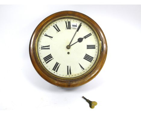 A Late XIX Century Circular Mahogany Cased Wall Clock, the white enamel dial with black Roman numerals, 38cm diameter, key pr