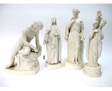 A Mid/Late XIX Century Parian Porcelain Figure of 'Madonna', holding a bible upon a canted octagonal base, unmarked, 34cm hig