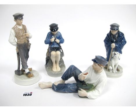 Four Royal Copenhagen Porcelain Figures, Shepherd Boy with Hammer 620, Shepherd Boy with Dog 782, Whittler 905 and Boy at Lun