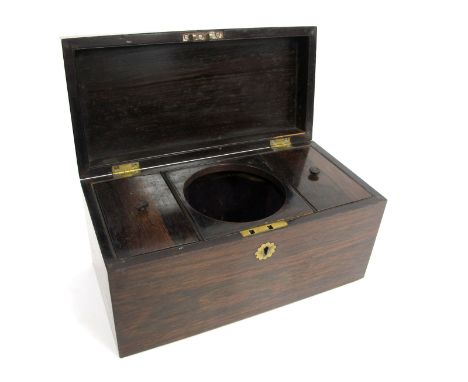 A Mid XIX Century Rosewood Tea Caddy, of plain rectangular form with brass escutcheon, the interior with two lidded compartme
