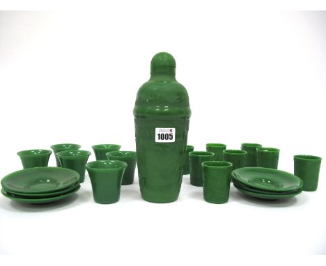 A 1930's Green Opaque Glass Art Deco Cocktail Shaker and Eight Tumblers, each decorated with dragons and six similar tumblers