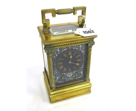 A Late XIX Century Brass Carriage Clock, with Corinthian column supports, the sides enamelled with Elizabethan courtiers, the