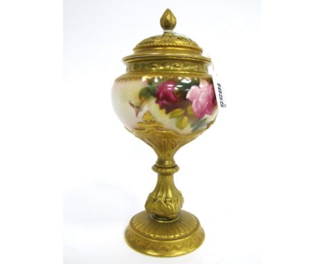 A Royal Worcester Porcelain Pedestal Vase and Pierced Cover, painted by E. Spilsbury, signed, with pink roses, the lobed circ