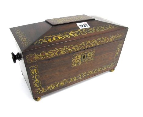 A Mid XIX Century Rosewood Tea Caddy, of sarcophagus form with brass inlaid decoration, the interior with three compartments,