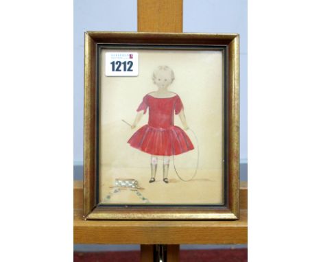 ENGLISH SCHOOL (Late XVIII Century) Portrait of a Girl, wearing a red dress and holding a hoop, a hat before her, mixed media