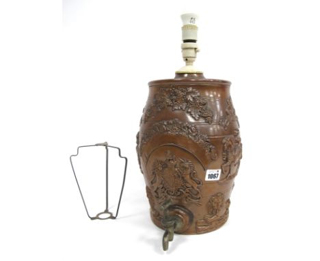 A Mid XIX Century Stoneware Brampton Pottery Barrel, with brass tap (converted to a table lamp), the ovoid body applied with 