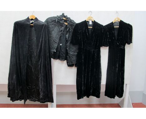 A c.1930's Black Crushed Velvet Tea Dress, with smocking detail to front of bodice, short sleeves and 'A' line skirt with bel