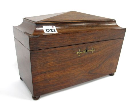 A Mid XIX Century Rosewood Tea Caddy, of sarcophagus form, raised on bun feet, the interior with three compartments, 31cm lon