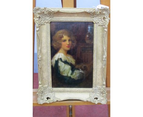 ENGLISH SCHOOL (Late XIX Century) Young Lady Playing the Lute in an Interior Setting, oil on board, signed in monogram 'T.H.G