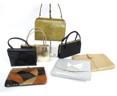 A Vintage Wiklorbag Beige Croc Print Leather Handbag, with gilt snap clasp; a Rayne beige leather clutch bag and five other h