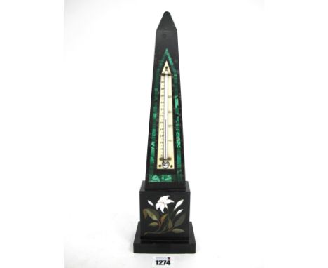 A Derbyshire Late XIX Century Ashford Black Marble Obelisk Thermometer, with ivory scale surrounded by a green hardstone band