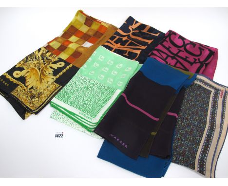 Eight Vintage Jaeger Silk Scarves, including two with logo print. (8)