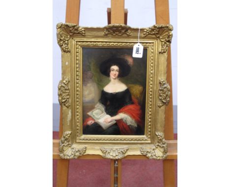 ENGLISH SCHOOL (Late XVIII/Early XIX Century) Portrait of a Lady, holding a book wearing a black feathered hat and black dres