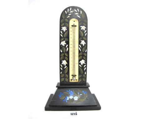 A Derbyshire Late XIX Century Ashford Black Marble Thermometer, with ivory scale surrounded by inlaid hardstone fuschia and o