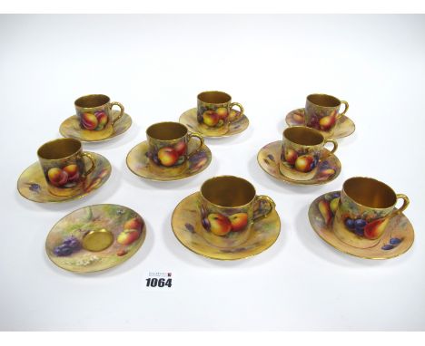 Eight Royal Worcester Porcelain Coffee Cans and Saucers and an Odd Saucer, all painted with ripening fruit upon a mossy woodl