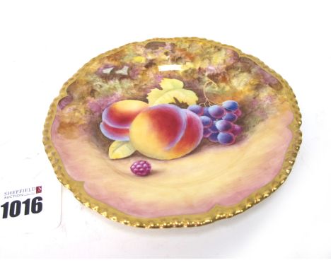 A Royal Worcester Porcelain Side Plate, painted by J. Skearen?, signed, with ripening fruit against a mossy woodland bank, ga