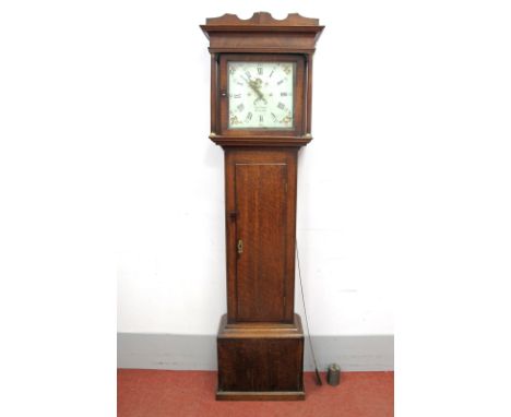 An XVIII Century Oak Thirty-Hour Longcase Clock, the hood with shaped pediment and column supports, the white dial with paint