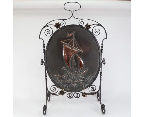 An Art Nouveau painted wrought-iron and copper firescreen, relief embossed ship decoration, H84cm, W51cm 