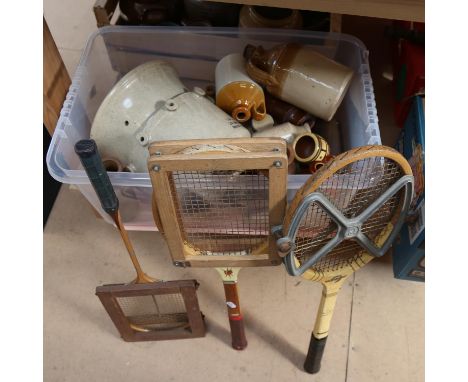 A mixed lot of items, including stoneware jars, Vintage tennis rackets etc (boxful) 
