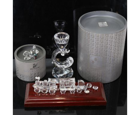 3 Swarovski silver crystal glass ornaments, comprising candlestick, steam train, and teddy bear, all boxed (3) 