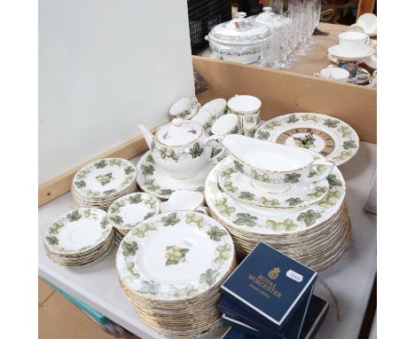 Royal Worcester tea service and matching dinnerware, with design of hops, including teapot, boxed dishes and a clock, and a p